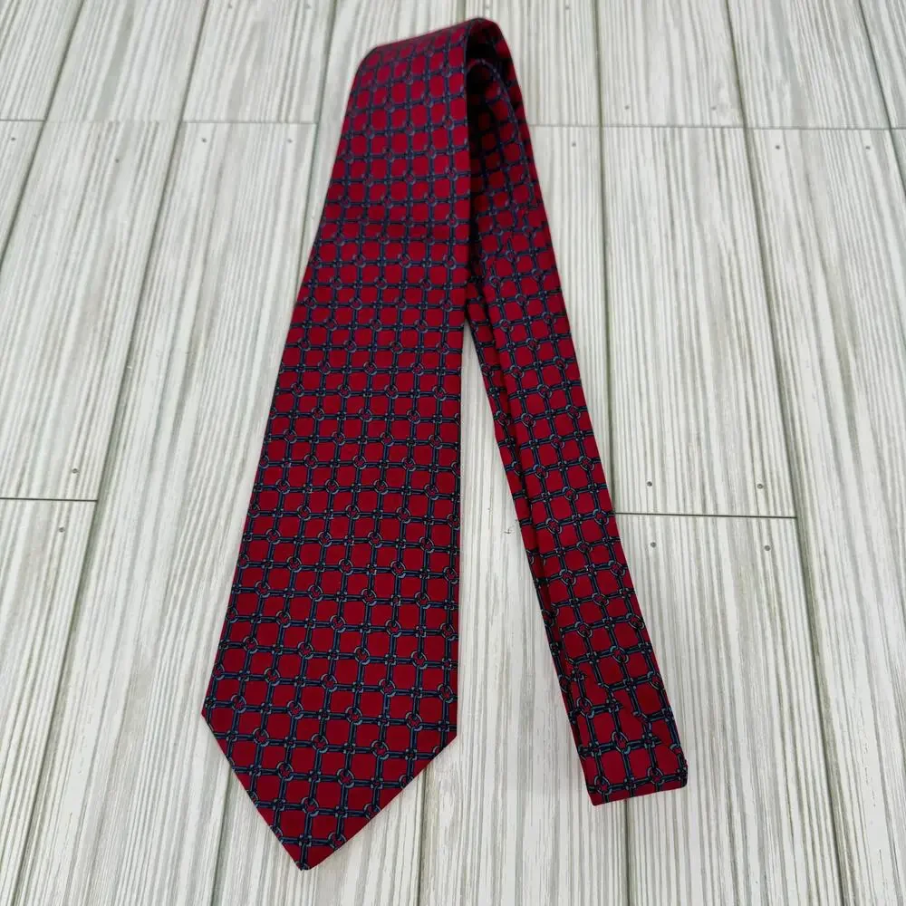 Guy Latour tie 100% silk chain link equestrian red blue office career
